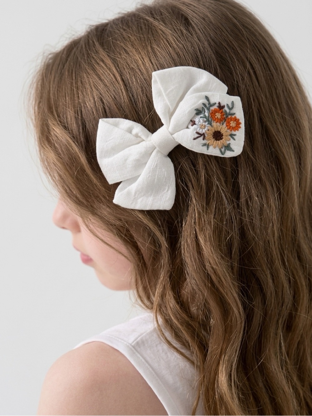 Handmade Linen Sunflower Floral Embroidered Hair Bow Clip